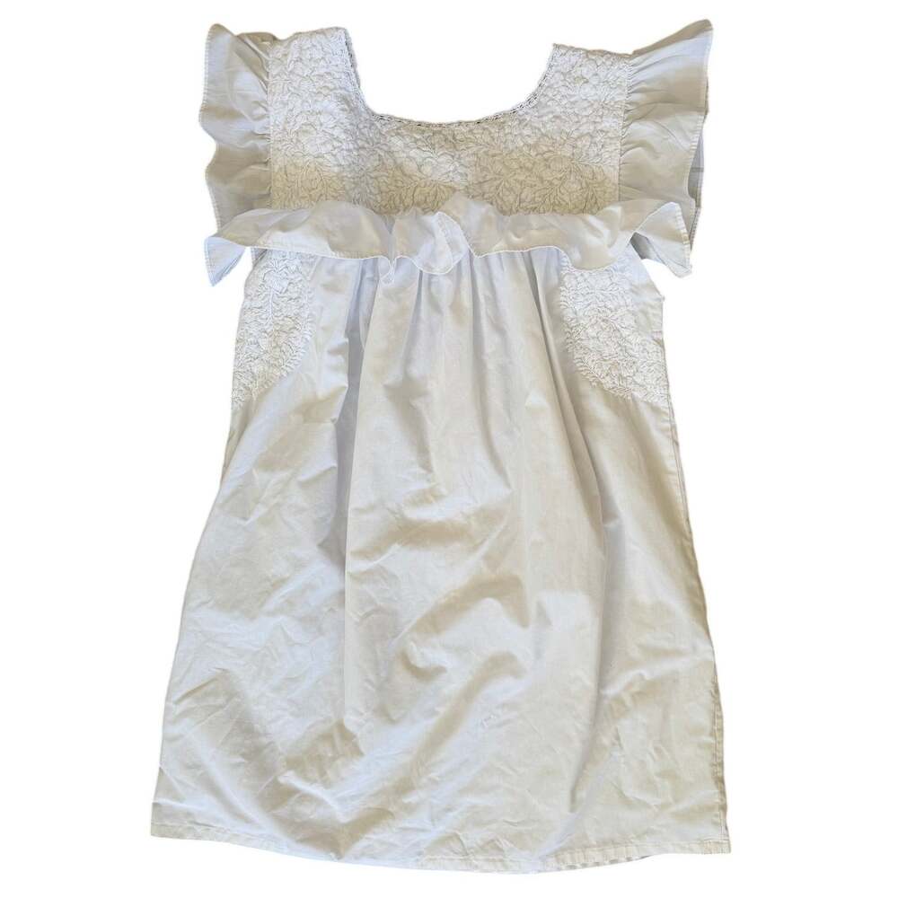 Mi Golondrina Soledad White Embroidered Ruffle Sleeve Short Length Shift Dress